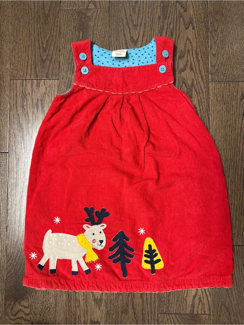 Frugi Girls' Red Corduroy Dress with Blue Polka Dot Lining
